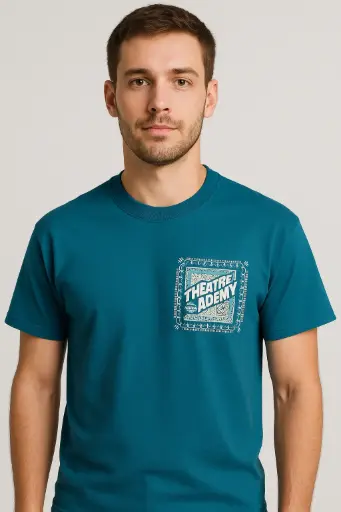 Men's Graphic T-Shirt – "Theatre Academy" Artistic Print – Casual Crew Neck Cotton Tee – Teal Blue