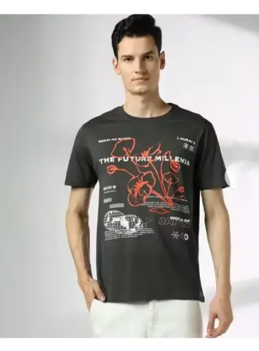 Men's black Graphic T-shirt - The Future Millennia Red Floral & Tech Print | Trendy tee.