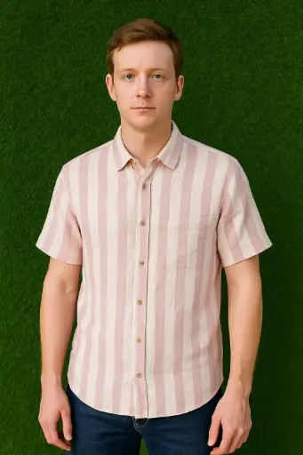 Dusty Rose Men’s Casual Shirt – Soft Cotton Striped Button-Down, Short Sleeve, Light Pink & White Summer Shirt