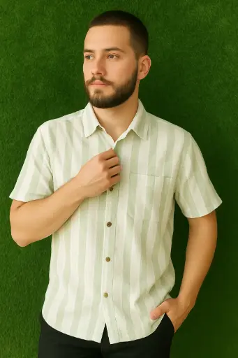 Mint Breeze Men’s Casual Short Sleeve Shirt – Striped Summer Linen Look, Light Green & White, Button-Down