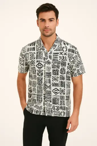 Men's Tribal Print Casual Button-Down Shirt – Short Sleeve, Lightweight, Stylish Summer Wear