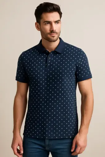 Men's Navy Blue Polo T-Shirt with All-Over Mini Print