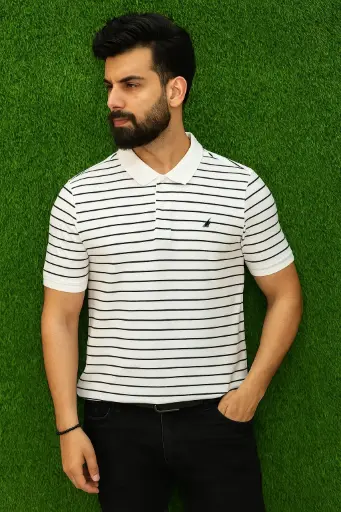 Men's White T-Shirt with Black Stripes and Logo