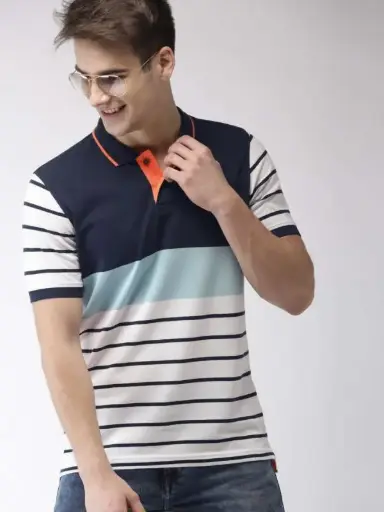 Men's Navy and Teal Block Polo with Orange Detail