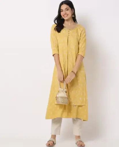 Women's Yellow Printed Straight Kurta with Pants | Ethnic Wear | Round Neck with Mirror Work
