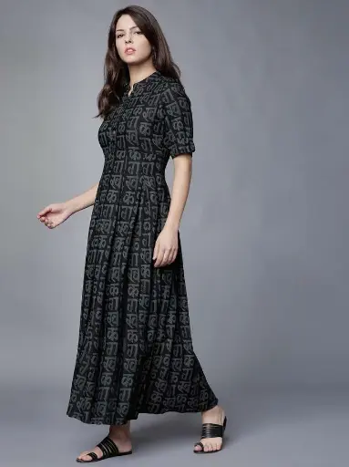 Women's Black Maxi Kurta Dress | Hindi Typography Print | Front Buttoned Anarkali Style