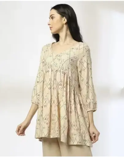 Women's Beige Boho Printed Flared Tunic Top | Casual Ethnic Cotton Kurta | V-Neck Long Sleeves