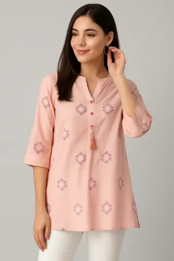 Women's Cotton Straight Kurti Top – 3/4 Sleeve Printed Tunic with Tassel Detailing (Pink)