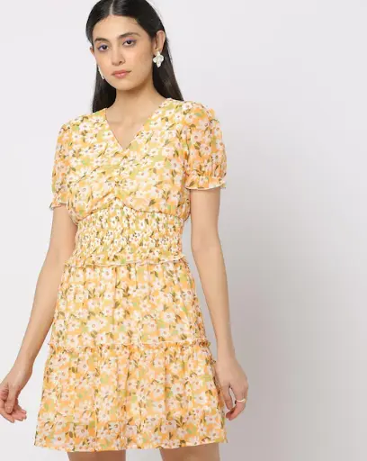 Women's Floral Printed Fit & Flare Mini Dress – Puff Sleeve Smocked Waist Western Dress (Yellow)