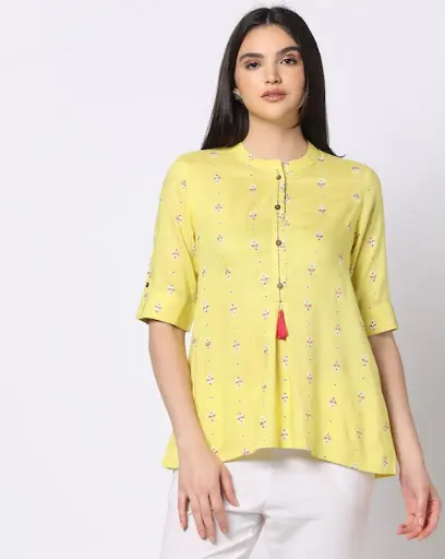 Women's Cotton Printed Kurti Top – Mandarin Neck 3/4 Sleeve Tunic with Tassel (Yellow)