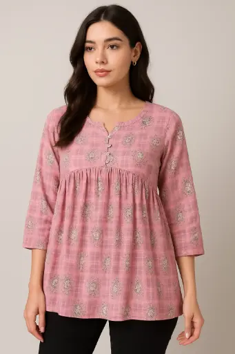 Women's Cotton Empire Waist Kurti Top – Gathered Tunic with 3/4 Sleeves (Printed Pink)