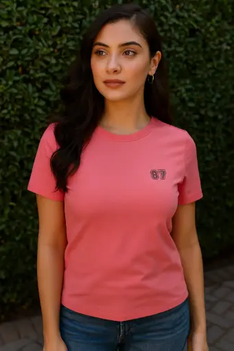Women’s Cotton Crew Neck T-Shirt – Casual Slim Fit Tee with Chest Print (Pink 07)