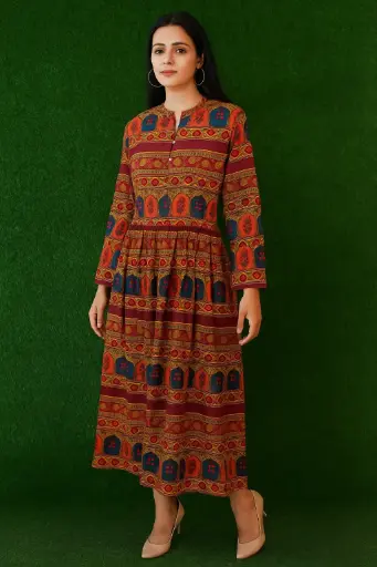 Women’s Printed A-Line Maxi Dress – Full Sleeve Traditional Ethnic Long Dress (Rust Multicolor)