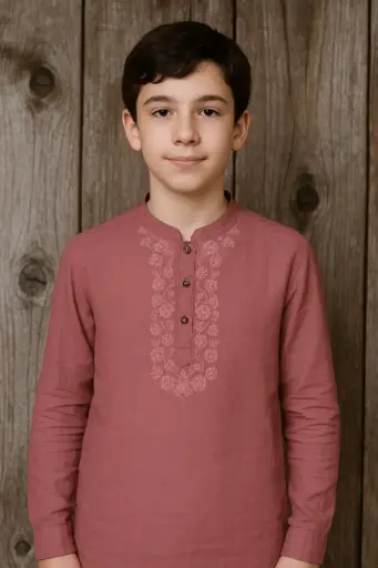 Elegant Dusty Rose Embroidered Kurta for Boys.
