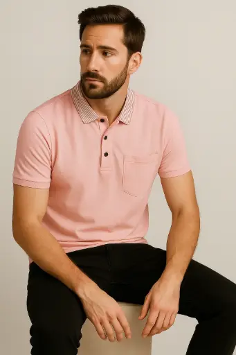 Slim Fit Polo for Men with Chest Pocket – pink, Lightweight Cotton Blend, Tailored Fit, Everyday Casual Wear