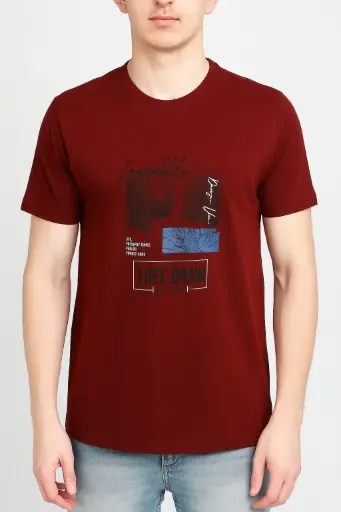 Men's Maroon Graphic Printed T-Shirt – Casual Round Neck Half Sleeve Tee | Urban Streetwear