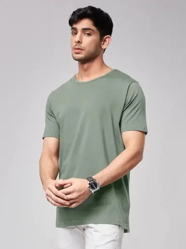 Men's Olive Green Yellow T-Shirt – Classic Crew Neck Casual Tee for Daily Wear