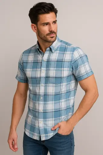 Men's Regular Fit Blue Plaid Cotton Shirt – Short Sleeves