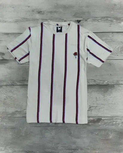 "Men's White Striped T-Shirt – Vertical Red and Blue Lines with Rose.
