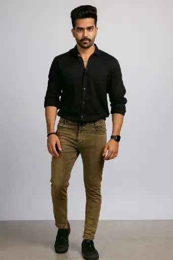 Men's Slim Fit Stretchable Brown Denim Jeans – Casual & Stylish Mid-Rise Pants with Back Pockets