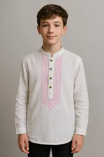 Traditional Embroidered White Pink Kurta for Boys