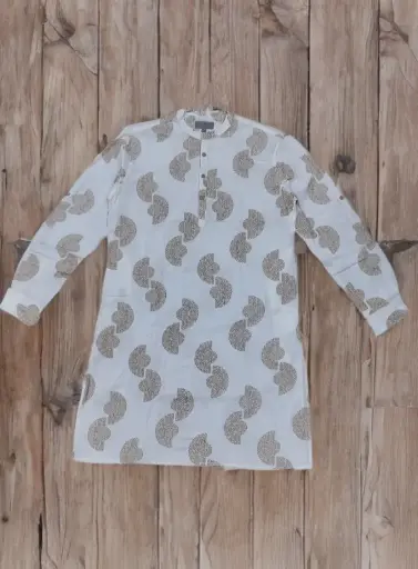 Elegant White Cotton Kurta with Golden Block Print.